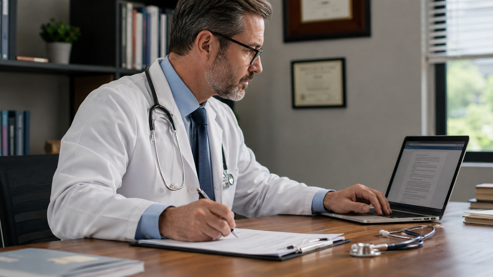 Consultant paediatrician reviewing medical records for an independent report in family proceedings