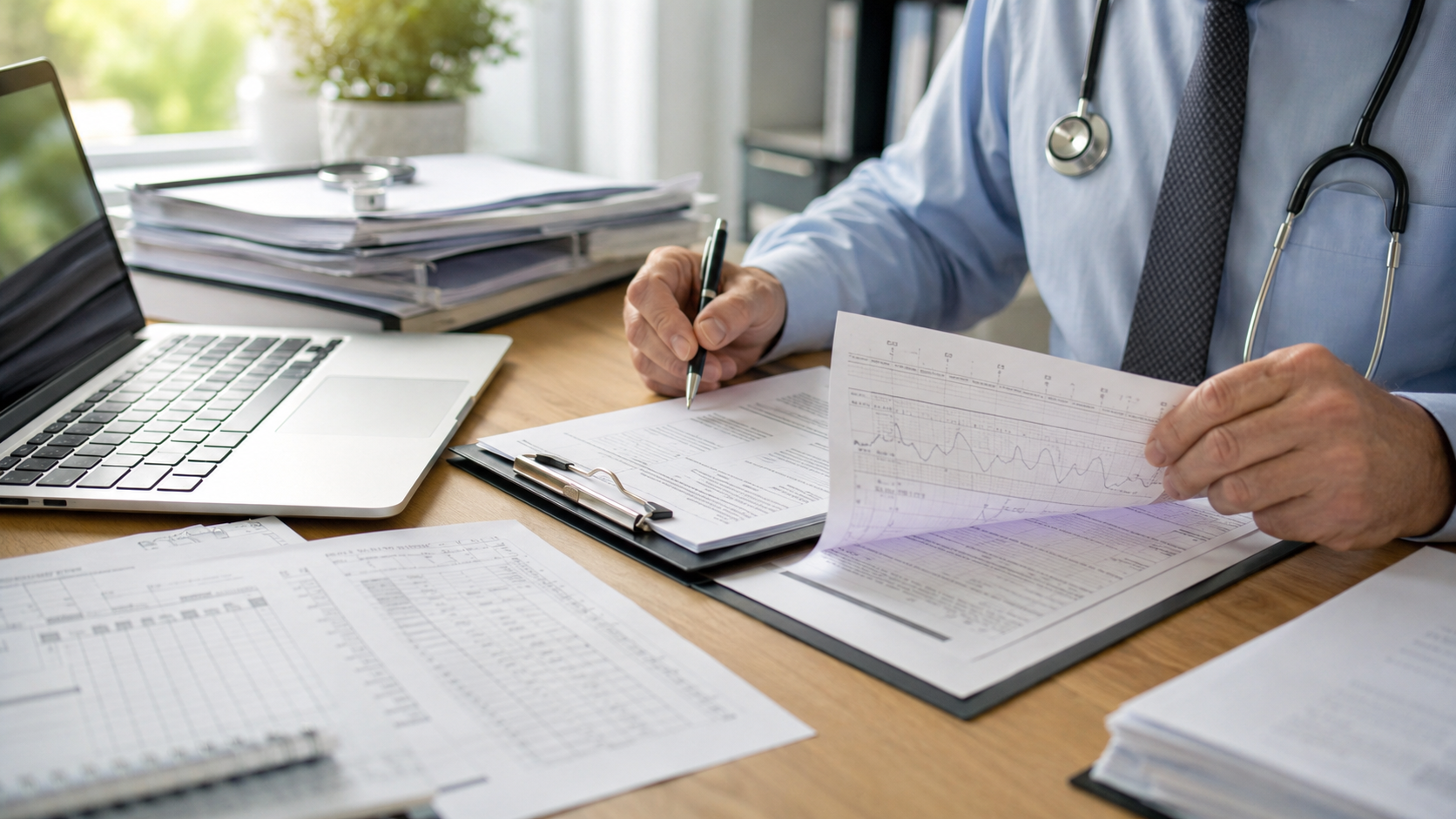 Consultant paediatrician reviewing observation charts and medical records for an independent report