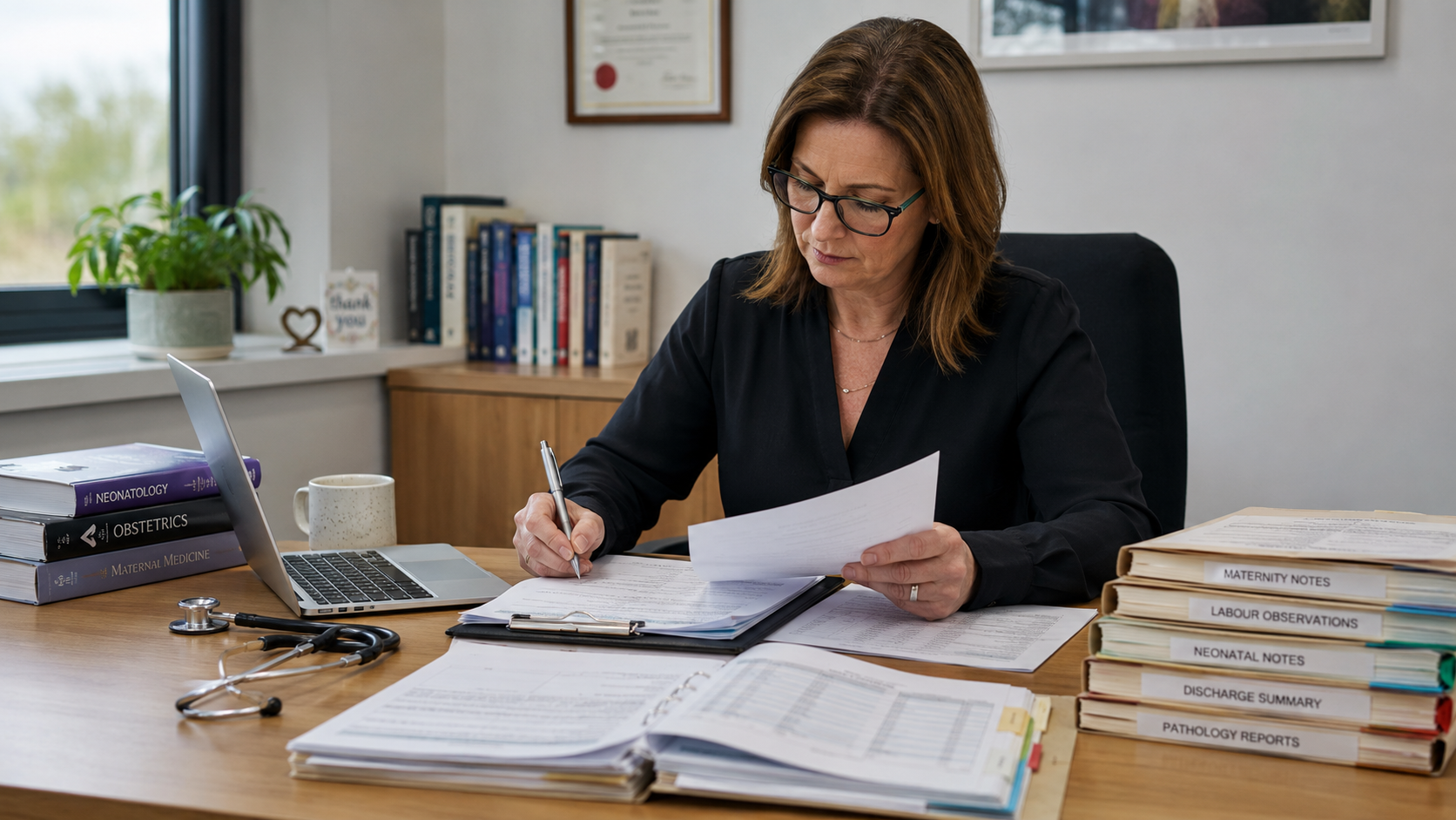 Consultant reviewing hospital records for an independent report